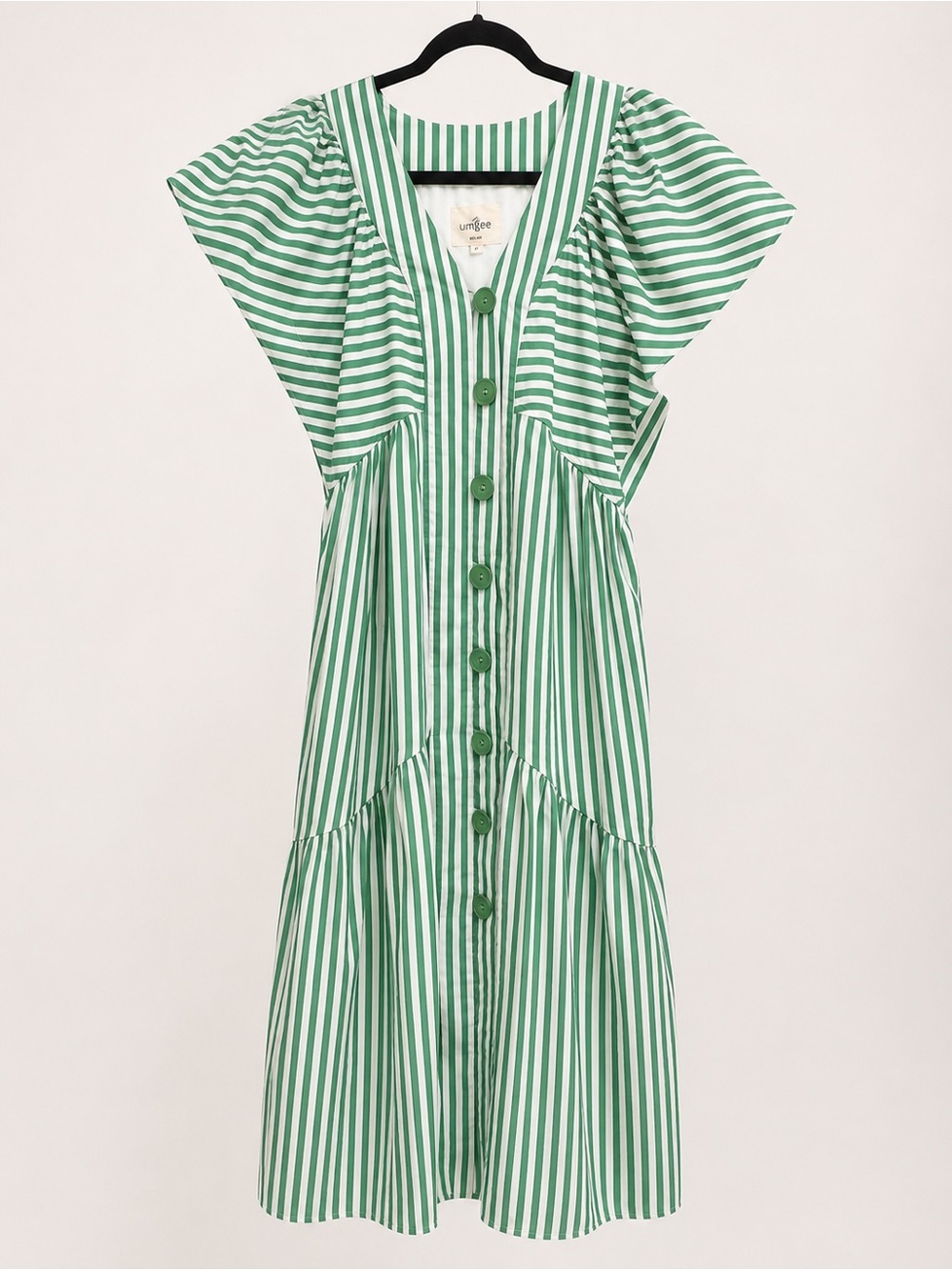 Umgee Green & White Striped Puff Sleeved Button Front MIDI Dress M